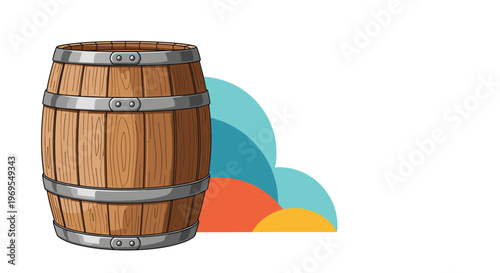 Large traditional wooden barrel with silver metal hoops standing in front of an abstract background with colorful semi-circle layers.