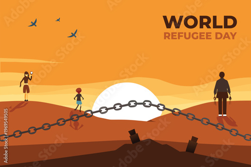 World refugee day illustration with people chains and a sunrise background
