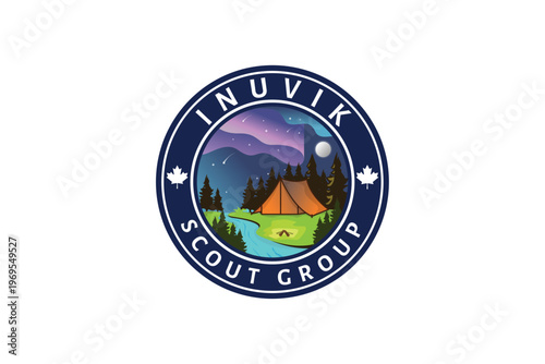 Outdoor Scout Badge Logo with Mountain and Forest Illustration – Suitable for Adventure Club, Camping Organization, and Youth Community