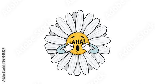 Whimsical daisy flower character with a yellow face and white petals holding its cheeks in a surprised or excited expression.