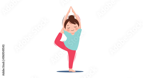 Little girl with brown hair tied in a bun practicing a yoga tree pose with her hands joined above her head for wellness.