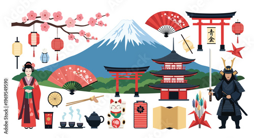 Collage of Japanese cultural symbols and icons featuring Mount Fuji, a pagoda, cherry blossoms, a samurai, and traditional food.
