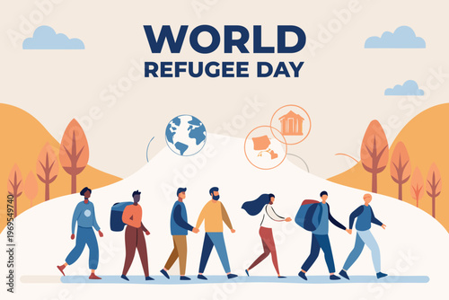 World refugee day illustration featuring people walking towards a hopeful future