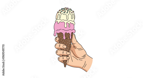 Close up illustration of a human hand holding a crispy waffle cone with two large scoops of melting strawberry and vanilla ice cream.