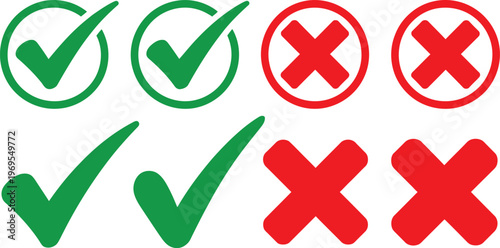 Check mark and cross icon set, vector green tick and red X symbols in circular buttons for web and app UI validation approval and rejection indicators.