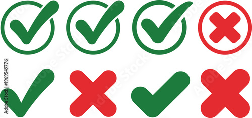 Check mark and cross icon set, vector green tick and red X symbols in circular buttons for web and app UI validation approval and rejection indicators.