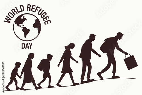 World refugee day illustration depicting a family walking with belongings