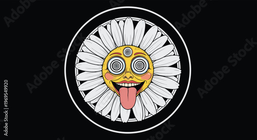Surreal psychedelic daisy character with a yellow face, three hypnotic eyes, and a long tongue sticking out against a black background.