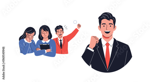 Successful businessman celebrating his success in the foreground while his disappointed and sad colleagues look on in the background.