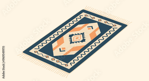 Isometric view of a rectangular blue and cream rug featuring traditional geometric patterns and fringes at the ends.