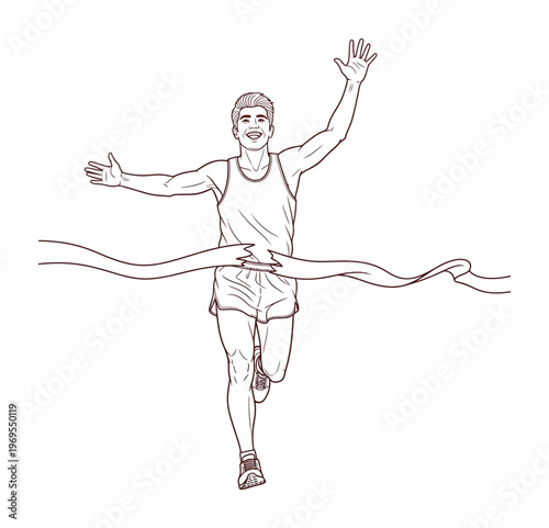 Vector of a triumphant athlete crossing the finish line in a race with arms raised