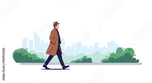 Stylish man wearing a brown trench coat and a fedora hat walking along a park path with a city skyline in the distance.