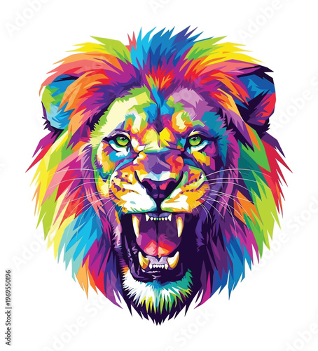 Vibrant vector of a rainbow-colored roaring lion's head with a fierce expression.