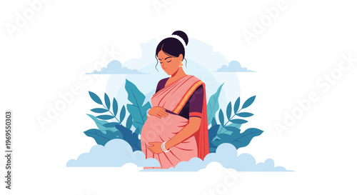 Beautiful pregnant Indian woman wearing a traditional pink and purple sari standing amidst soft clouds and green leaves.