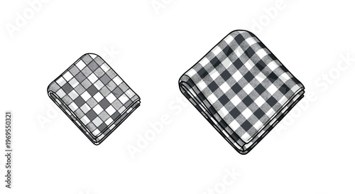 Two folded kitchen napkins with a black and white checkered or gingham pattern shown in different sizes.