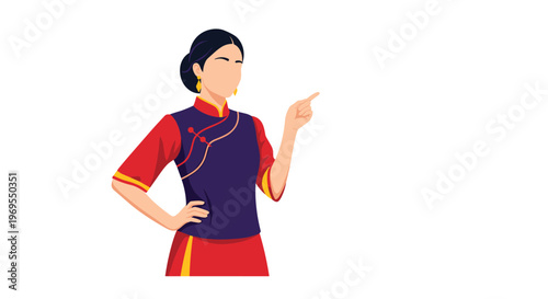 Woman wearing an elegant traditional Chinese dress and a purple vest pointing her finger towards something to her right.