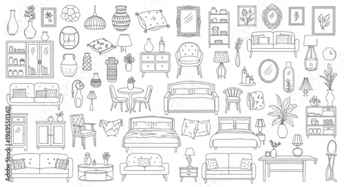 Collection of Hand-Drawn Furniture and Home Decor Sketches.