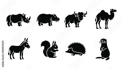 A collection of diverse african and eurasian animals are presented in stark black silhouettes high quality professional detailed modern elegant stylish