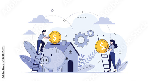 Financial concept illustration showing people saving money into a piggy bank and a house for long term investment goals.
