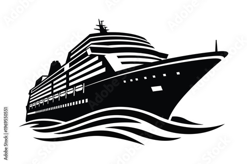 Large vector silhouette of a cruise ship floating on stylish wavy waters