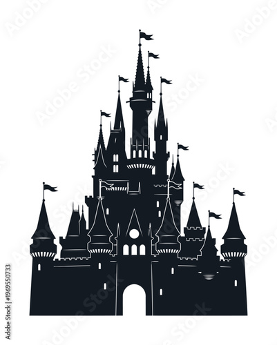Majestic vector silhouette of a fairytale castle with towers and flags in a timeless design