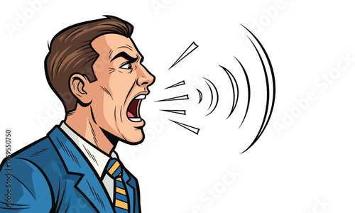 Angry businessman screaming loudly with sound wave graphic conceptual.