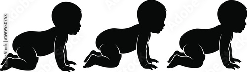 Baby crawling silhouette set, infant movement stages, child development concept, toddler crawling pose, black silhouette illustration isolated white background design