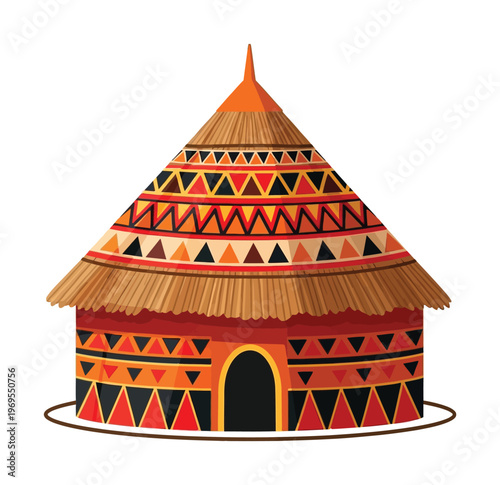 Traditional african hut with a thatched roof and intricate tribal patterns depicted in a vector