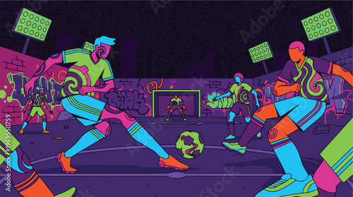 Energetic street football match with stylized players in vibrant urban art