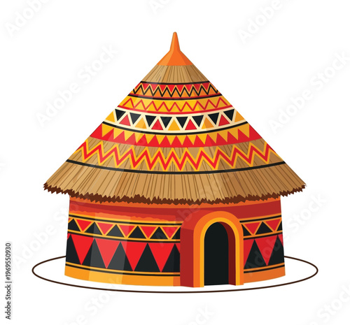 Vibrant vector of an african hut with intricate patterns and a thatched roof