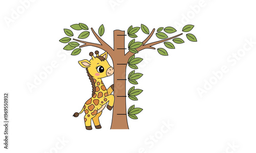 Baby giraffe measuring height on tree trunk growth chart illustration.