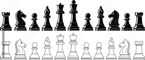 Chess pieces outline and silhouette set, black and white board game elements, strategy concept illustration, king queen rook bishop knight pawn