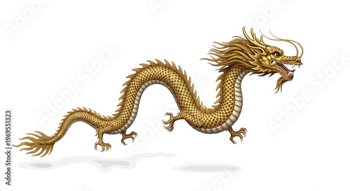Golden dragon with scales and spiky mane in mid-roar on white background with subtle shadow.