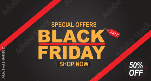 A professional Black Friday promotional banner featuring bold yellow typography on a dark background with red diagonal stripes and a fifty percent discount badge