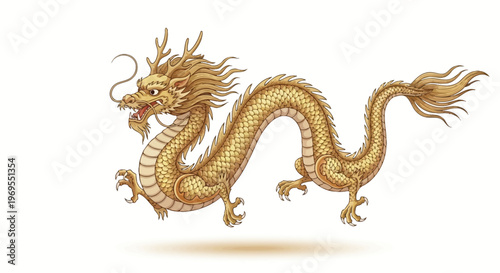 Golden dragon with scales and fiery mane in mid-stride against a clean white background with warm tones conveying a mythical and powerful mood.