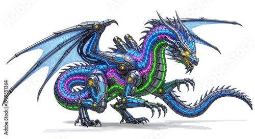 A vibrant, cartoon-style dragon with blue, green, and purple scales and wings spread wide, standing against a clean white background with a dynamic and playful mood.