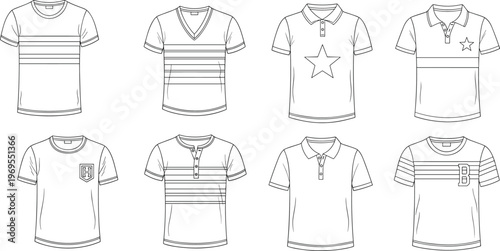 T shirt outline set, men casual clothing collection, polo and v neck designs, fashion apparel illustration isolated line art