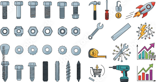 Tools and hardware icon set, construction equipment collection, bolts nuts screws wrench hammer drill business symbols isolated flat design