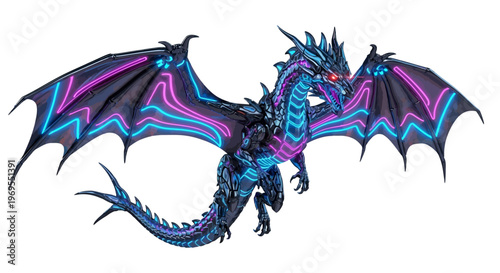 A vibrant dragon with black wings and neon blue and pink accents spreads its wings against a clean white background.
