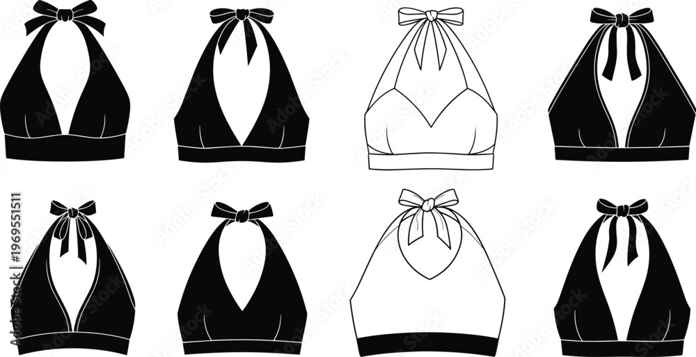 Fototapeta premium Women halter top set, fashion clothing collection, summer crop tops with bow knot, apparel illustration isolated black white design