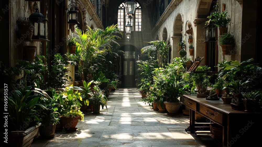 Fototapeta premium A sunlit, arched hallway filled with lush greenery and potted plants creating a serene and inviting space