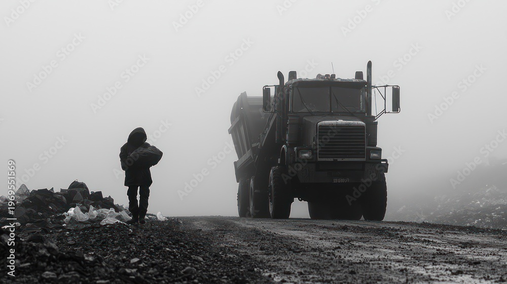 Fototapeta premium A lone figure walks past a large truck on a gravel road shrouded in mist, a study in scale and isolation