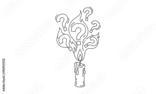 Burning candle with question marks around flame line art drawing.