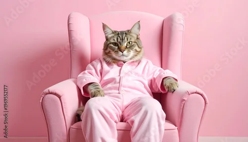 Fototapeta A cat in pink pajamas sits in a pink chair