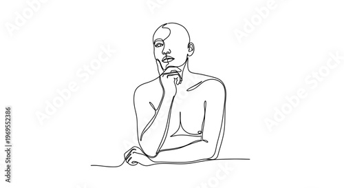 Continuous line drawing, minimalist man portrait, thinking face, simple illustration, black and white