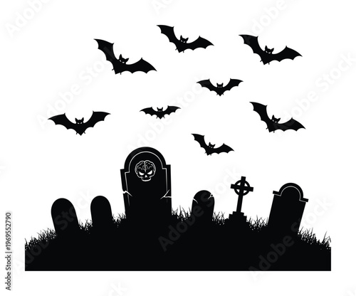 Spooky vector featuring a graveyard with tombstones and crosses under a dark sky with bats flying overhead