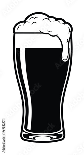 Vector of a tall glass filled with dark beer and topped with foam.