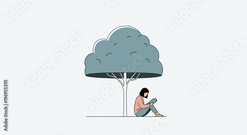A woman peacefully reading a book under the shade of a large tree, enjoying a moment of tranquility and learning