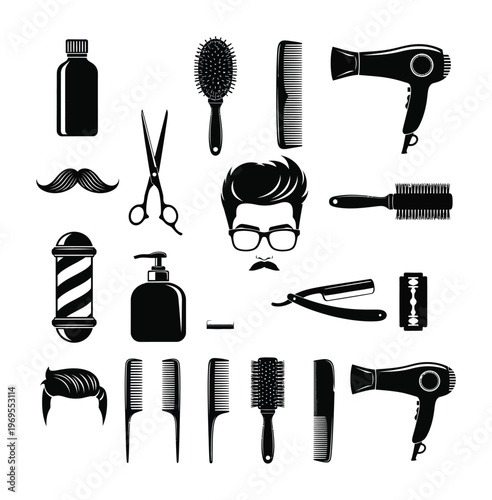 Collection of vector barber shop icons including scissors, combs, hair dryers, and haircuts for men and women