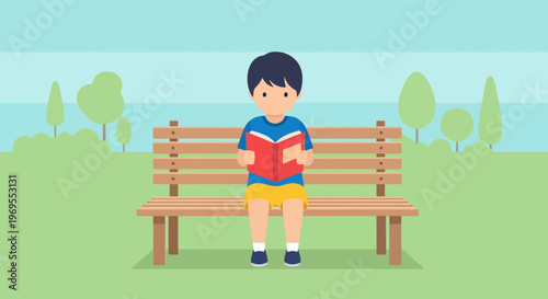 Young boy engrossed in reading a captivating book while enjoying a peaceful moment on a park bench, embracing learning and relaxation outdoors